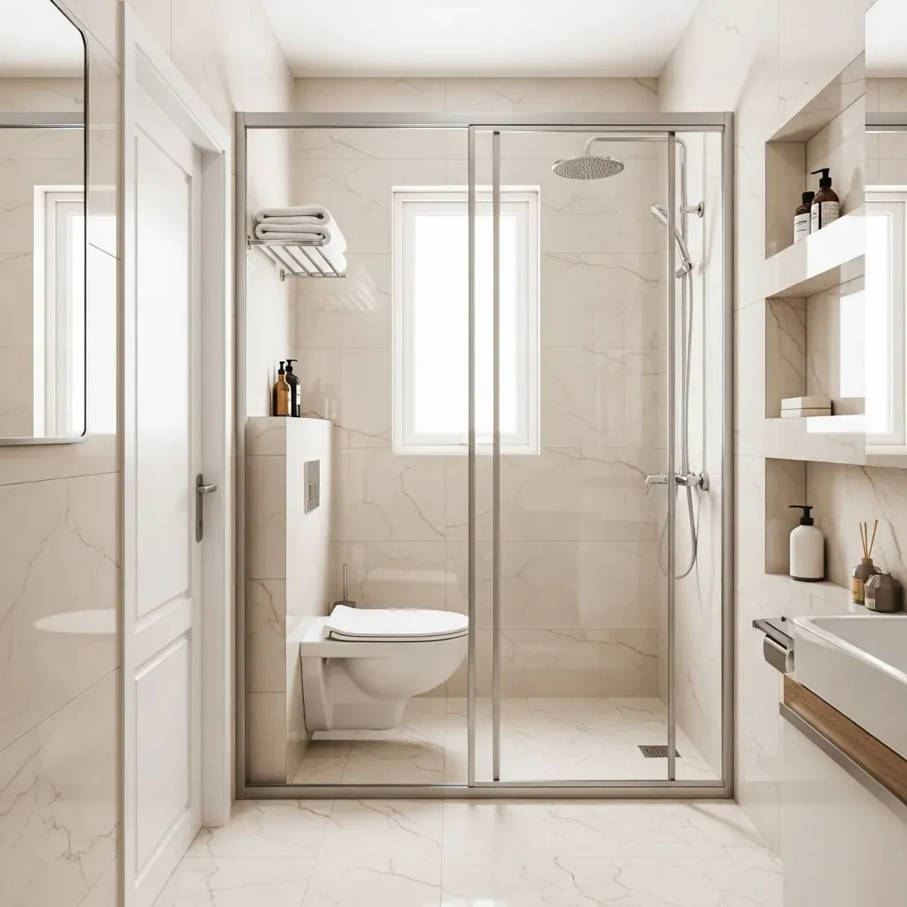 Phòng vệ sinh nhỏ 2-3m² với thiết bị treo tường và vách kính