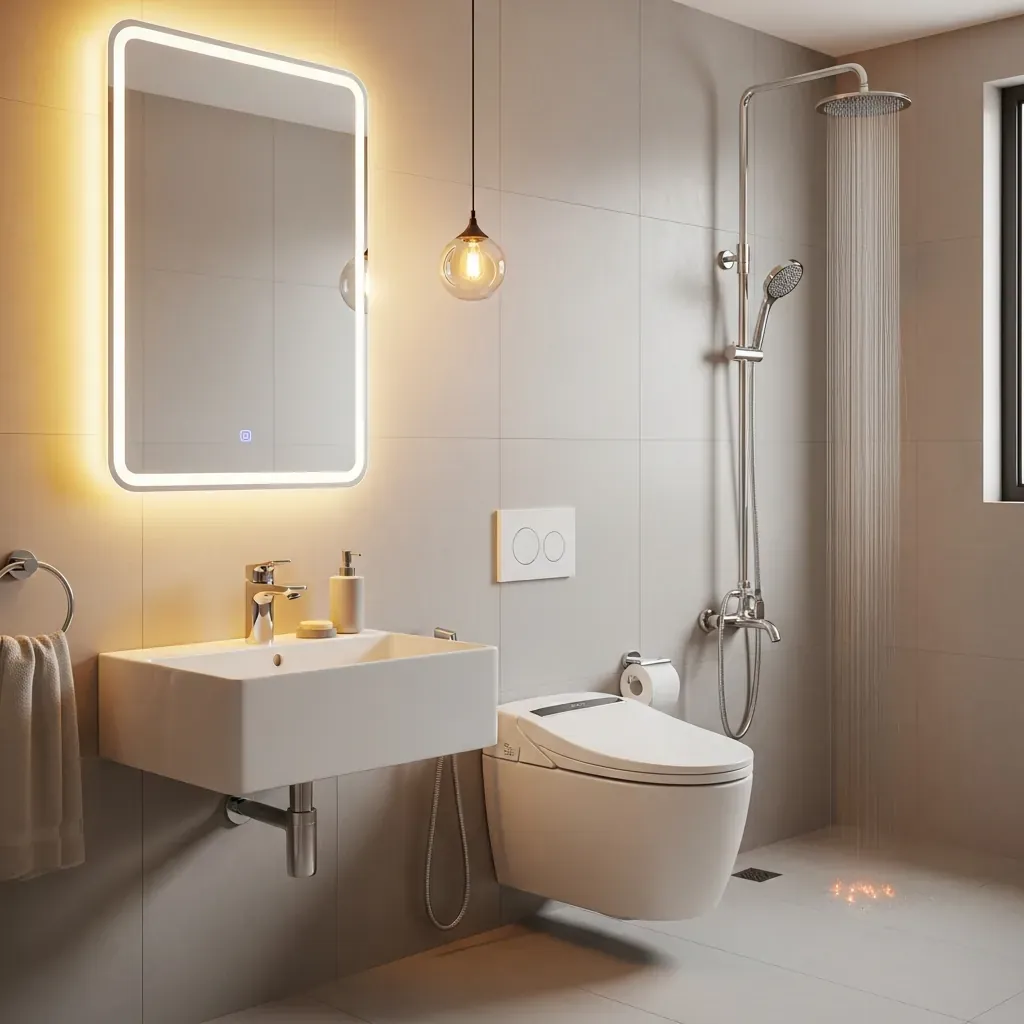 Phòng vệ sinh với thiết bị thông minh: gương LED, vòi cảm ứng, sen rainfall