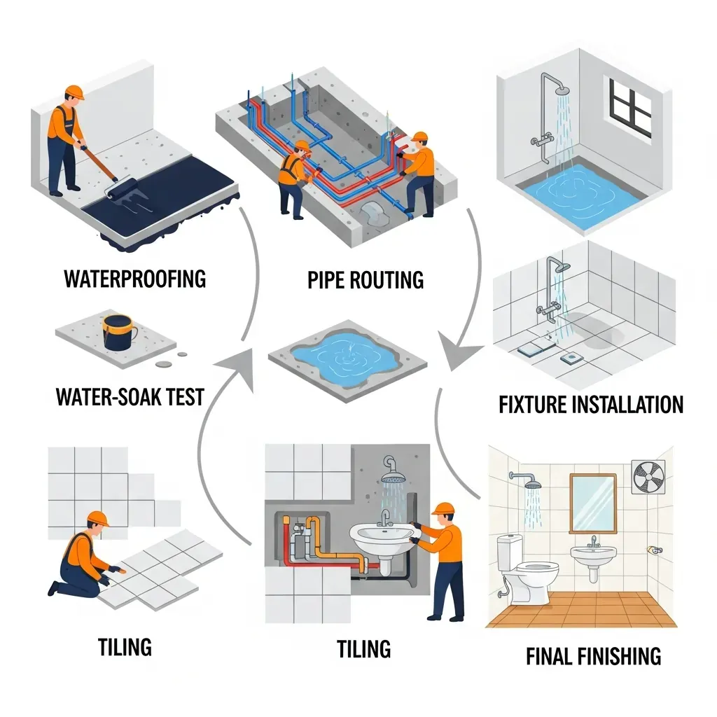 Sơ đồ sáu bước thi công phòng vệ sinh đúng trình tự