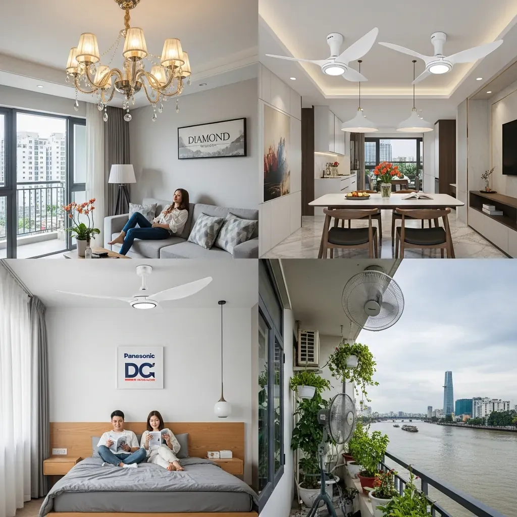 Bốn khung cảnh lắp đặt quạt trần thực tế tại các căn hộ và nhà ở Việt Nam.