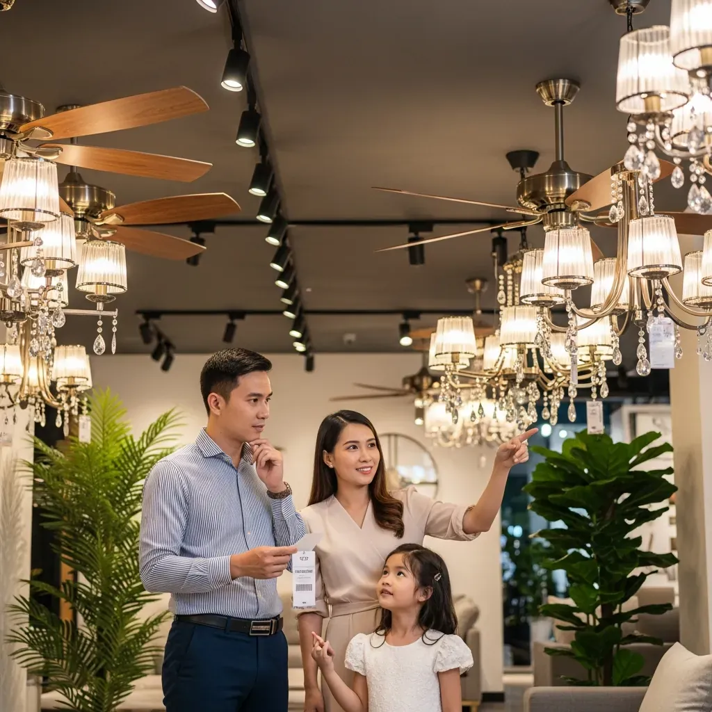 Gia đình người Việt đang tham khảo quạt trần đèn chùm tại cửa hàng nội thất hiện đại.