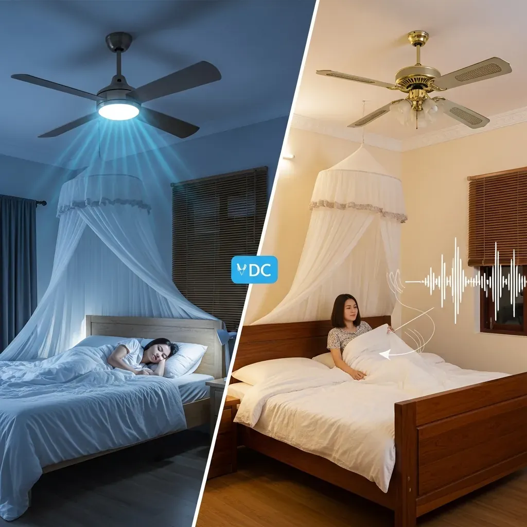 Hình ảnh so sánh phòng ngủ với quạt DC êm ái bên trái và quạt AC ồn bên phải.