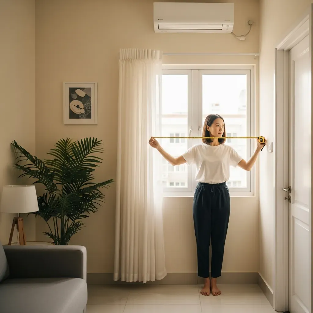 Một phụ nữ người Việt đang đo chiều rộng căn phòng khách nhỏ bằng thước dây, cửa sổ sáng bên phải, cây xanh góc phòng.