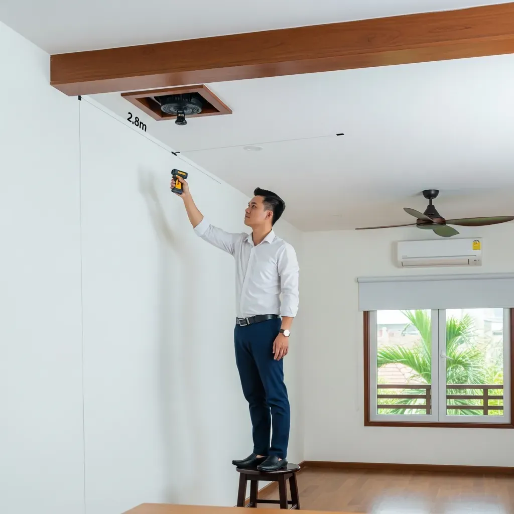 Người đàn ông dùng thước laser đo chiều cao trần nhà trong căn hộ hiện đại kiểu Việt Nam.