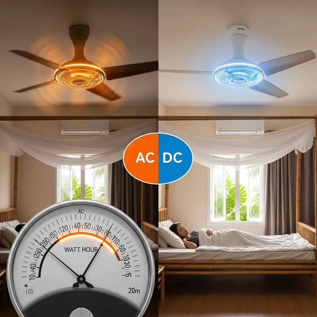 So sánh tiêu thụ điện: công tơ quay nhanh với quạt AC bên trái, quay chậm với quạt DC bên phải.