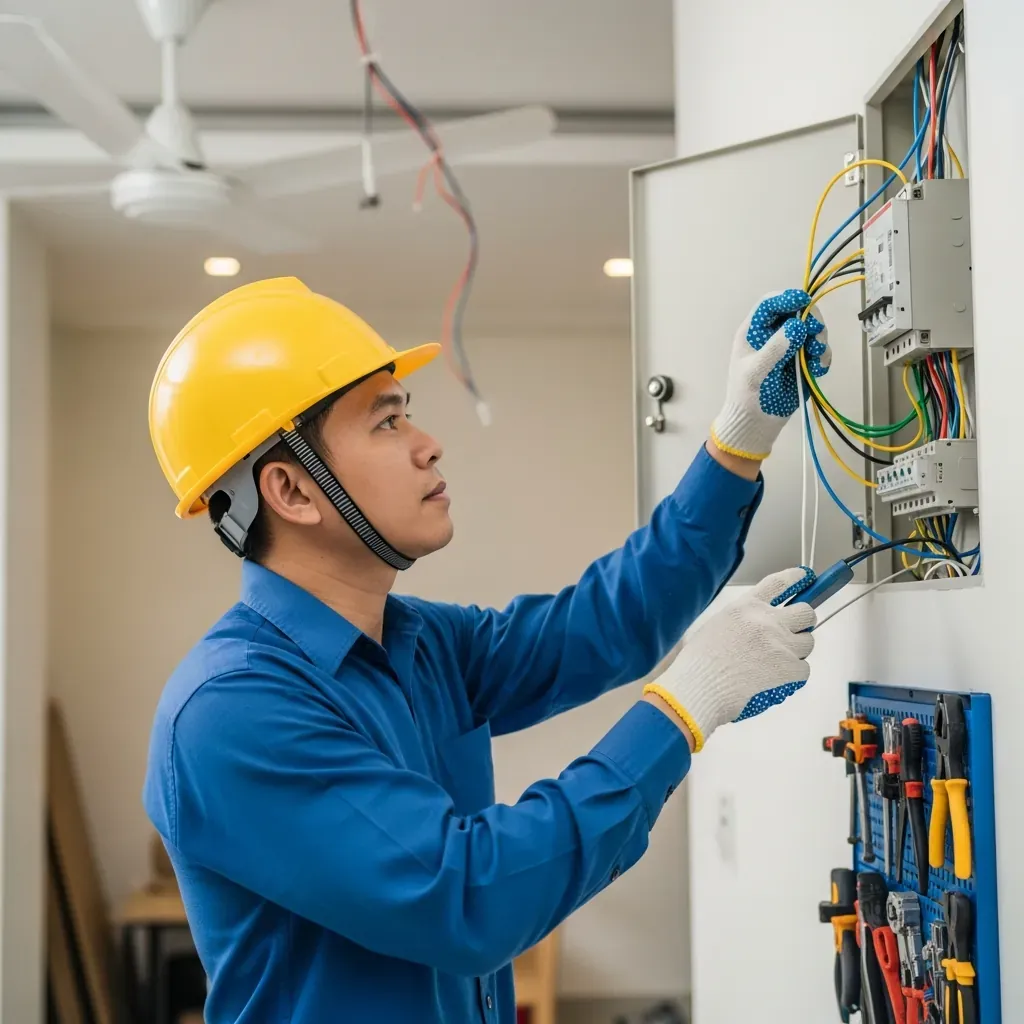 Thợ điện Việt Nam kiểm tra hộp điện chờ và dây tiếp địa cho quạt trần trong căn hộ.