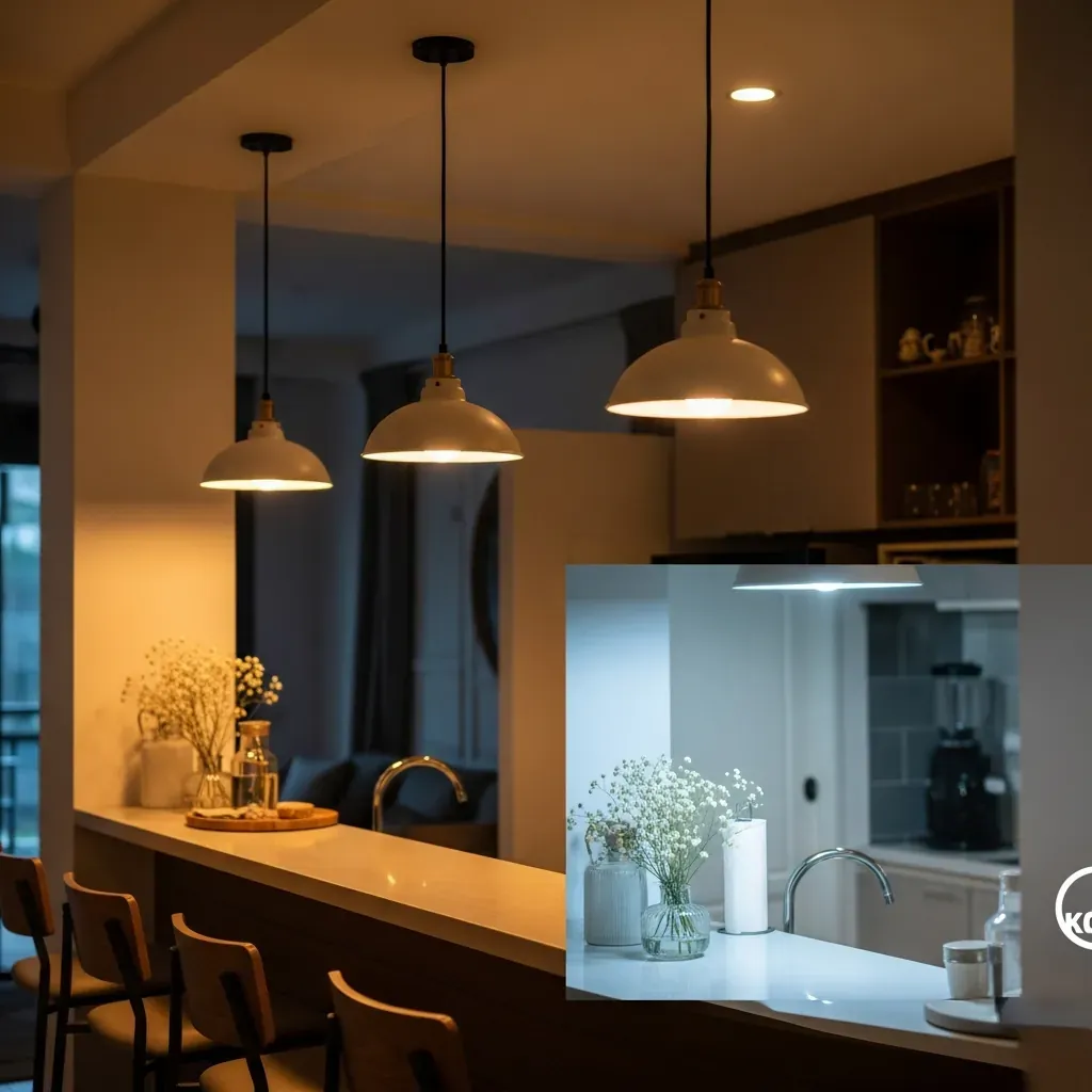 Đèn thả treo trên mặt quầy bar với ánh sáng ấm và trung tính