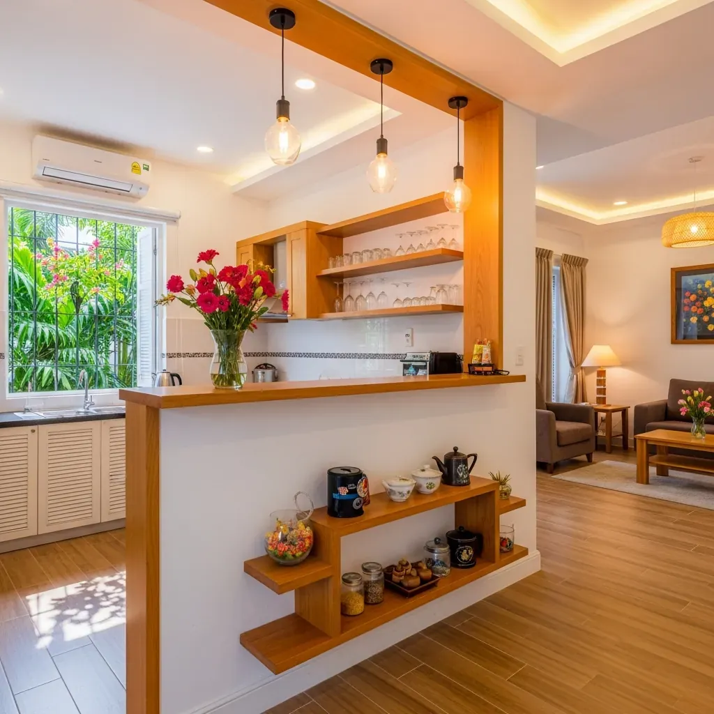 Quầy bar lửng ngăn bếp và phòng khách trong nhà ống Việt Nam thoáng sáng