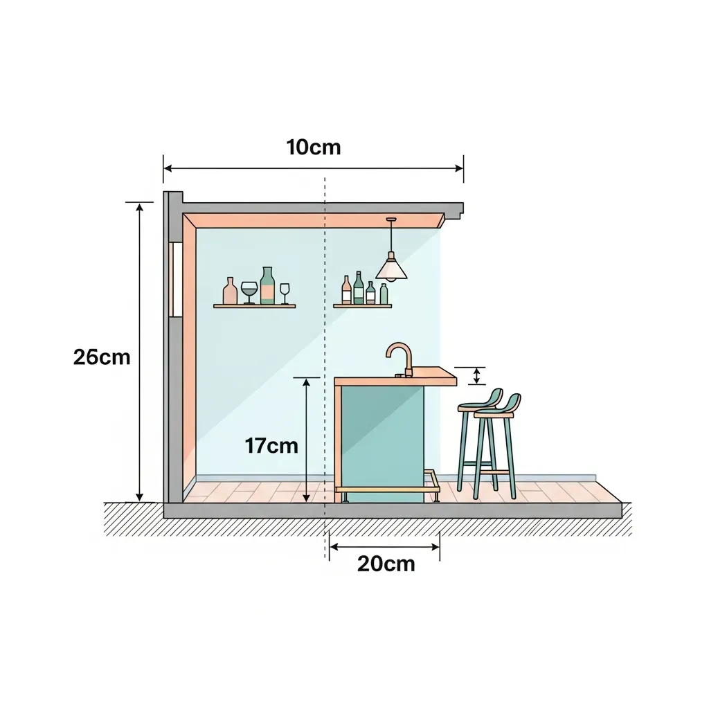 Sơ đồ minh họa kích thước chuẩn của quầy bar bếp
