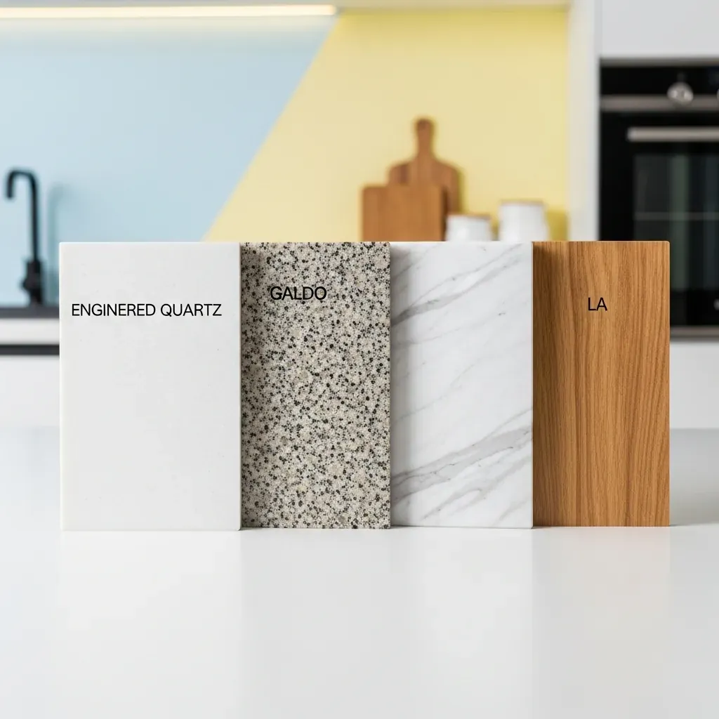 So sánh các mẫu vật liệu mặt quầy bar: thạch anh, granite, marble và gỗ công nghiệp