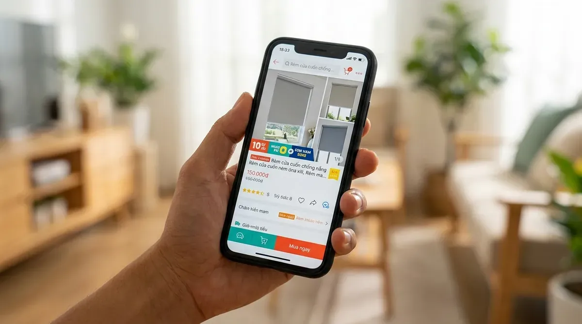 Điện thoại thông minh hiển thị ứng dụng Shopee với giao diện tiếng Việt, liệt kê sản phẩm rèm cửa cuốn chống nắng.