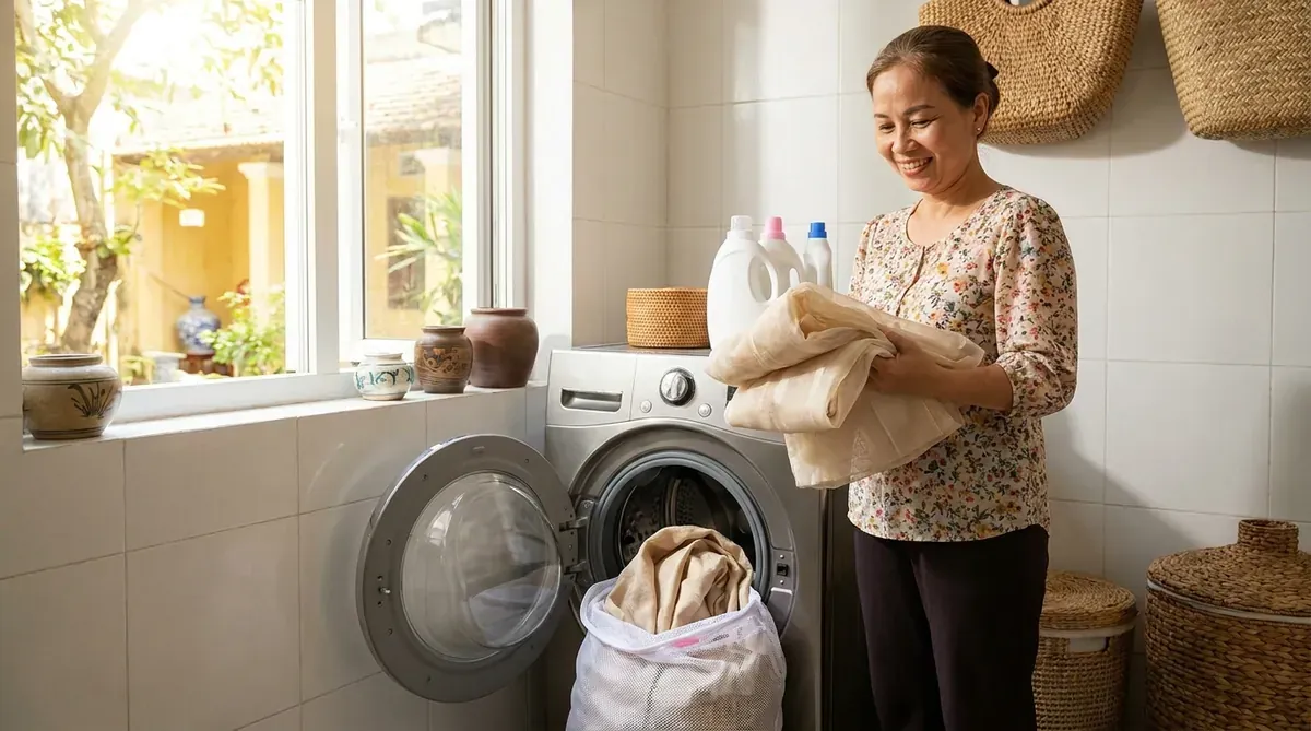 Máy giặt cửa trước mở, bên trong là túi giặt chứa rèm vải polyester, người phụ nữ Việt Nam đang cầm tấm rèm khác.