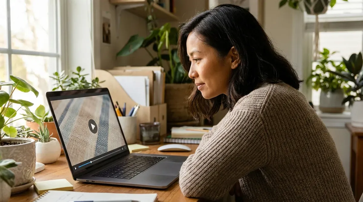 Người phụ nữ Việt Nam tập trung xem video cận cảnh mặt vải rèm trên laptop, màn hình hiển thị rõ nét.