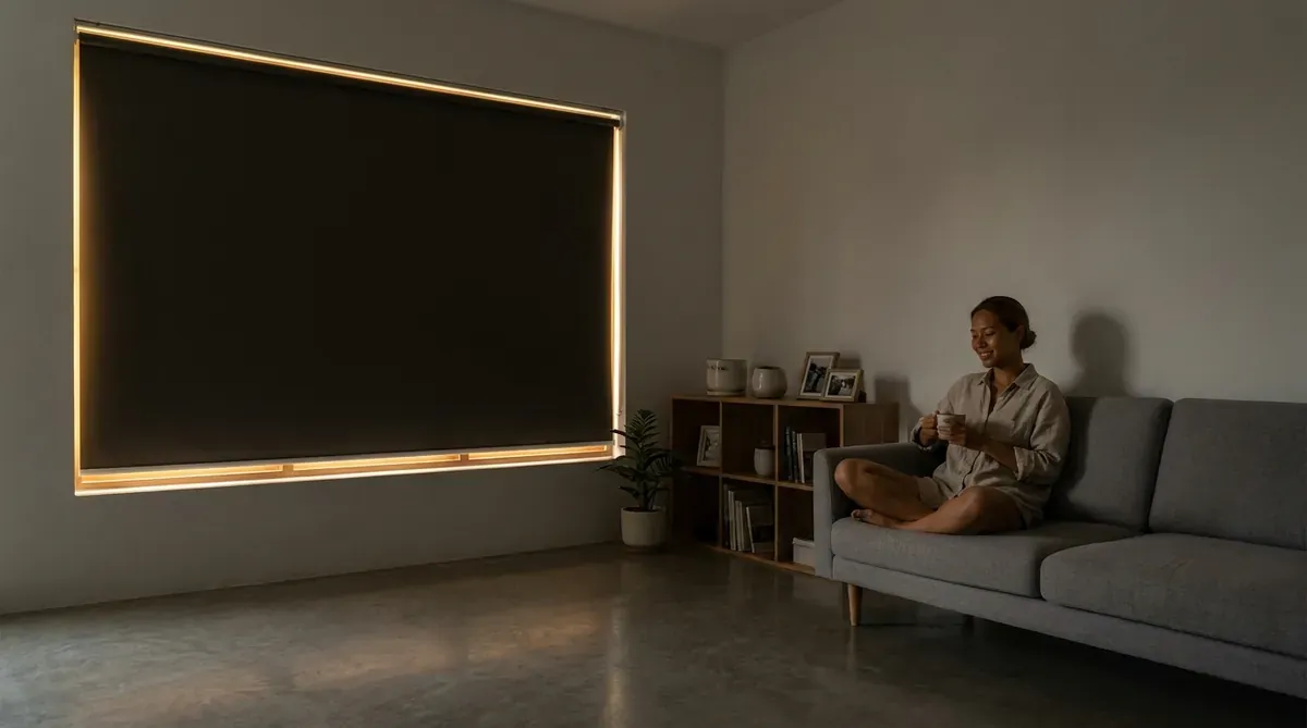 Rèm cuốn chống nắng hạ xuống hoàn toàn, ngăn nắng gắt hướng Tây trong phòng khách Việt Nam hiện đại.