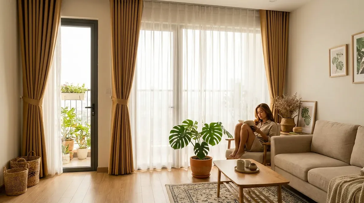 Rèm vải hai lớp trong phòng khách hiện đại Việt Nam, lớp voan kéo mở nhẹ nhàng để đón ánh sáng ban ngày.