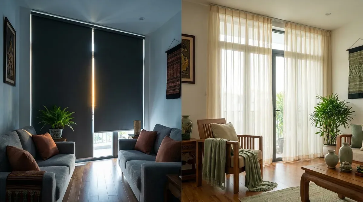 So sánh trực quan phòng khách hướng Tây dùng rèm cuốn đen và hướng Bắc dùng rèm voan mỏng cùng nội thất Việt.
