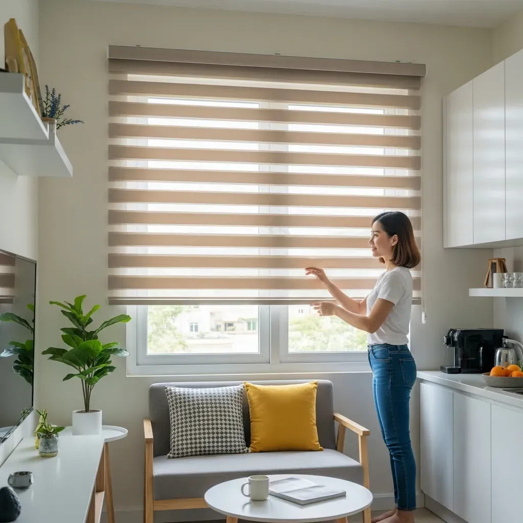 Cô gái Việt điều chỉnh rèm cầu vồng trong căn hộ nhỏ tràn ngập ánh sáng