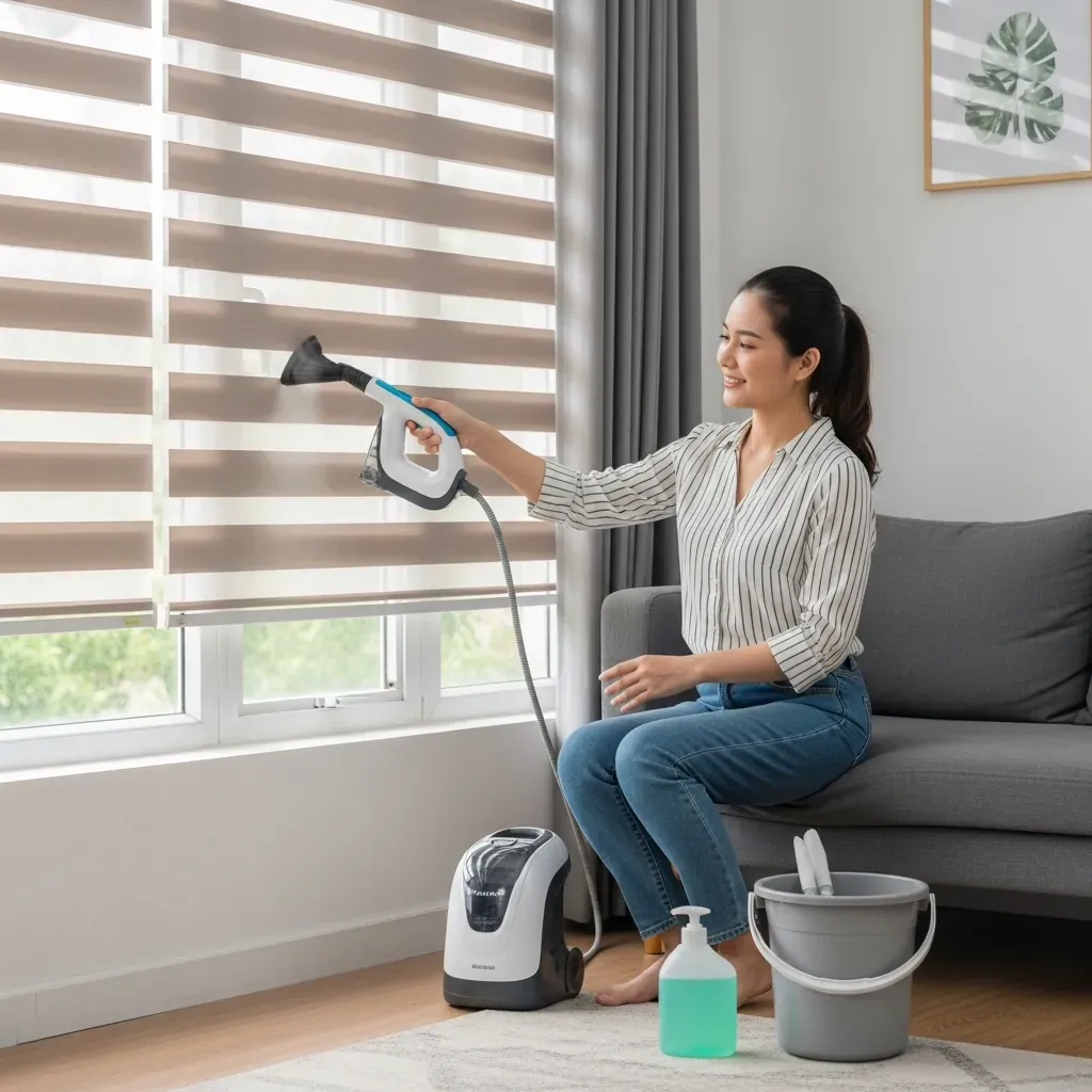 Người phụ nữ vệ sinh rèm cuốn bằng máy hơi nước trong phòng khách sạch sẽ