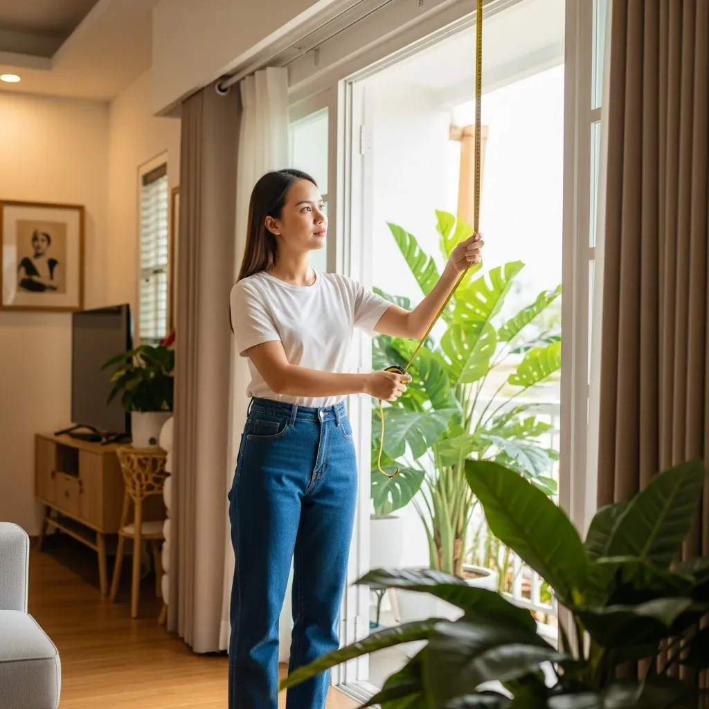 Người phụ nữ Việt đang đo cửa sổ trong phòng khách tràn ngập ánh sáng