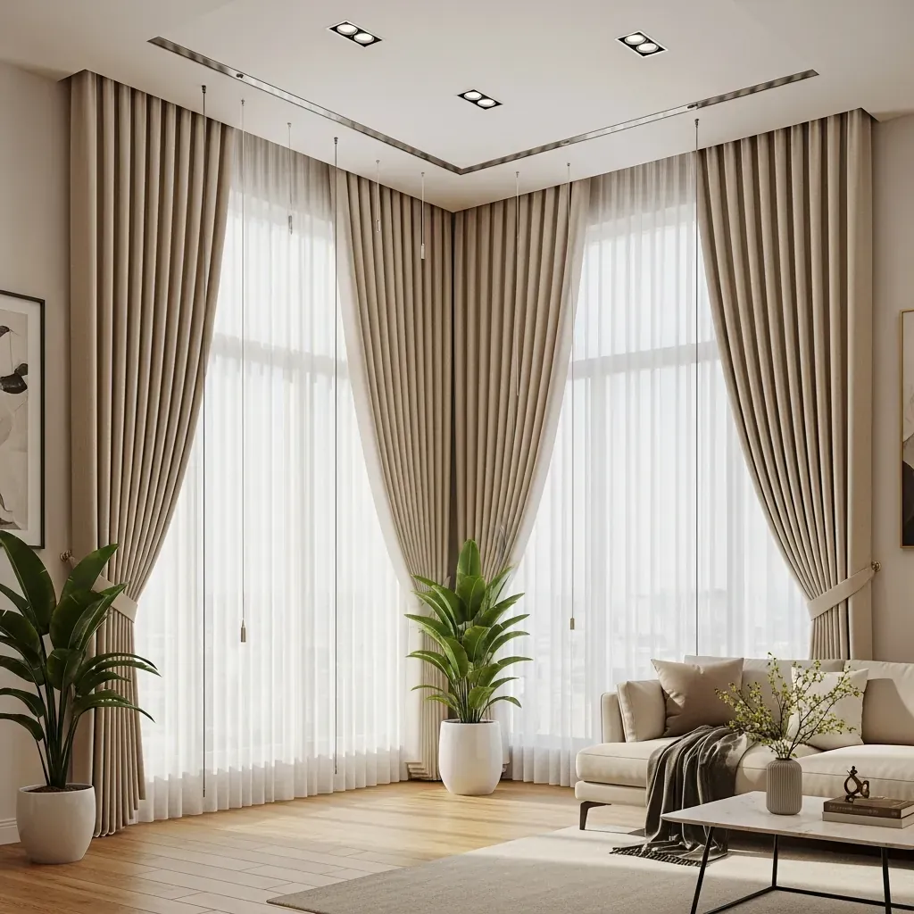 Phòng khách hiện đại với rèm âm trần buông từ trần xuống tạo cảm giác cao ráo