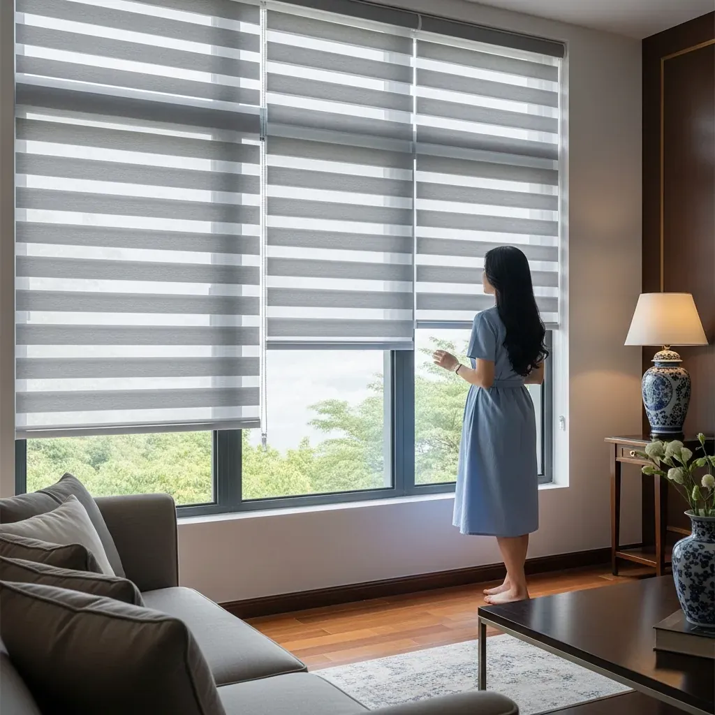 Phòng khách thanh lịch với rèm Roman xếp lớp màu xám, người phụ nữ đứng cạnh cửa sổ