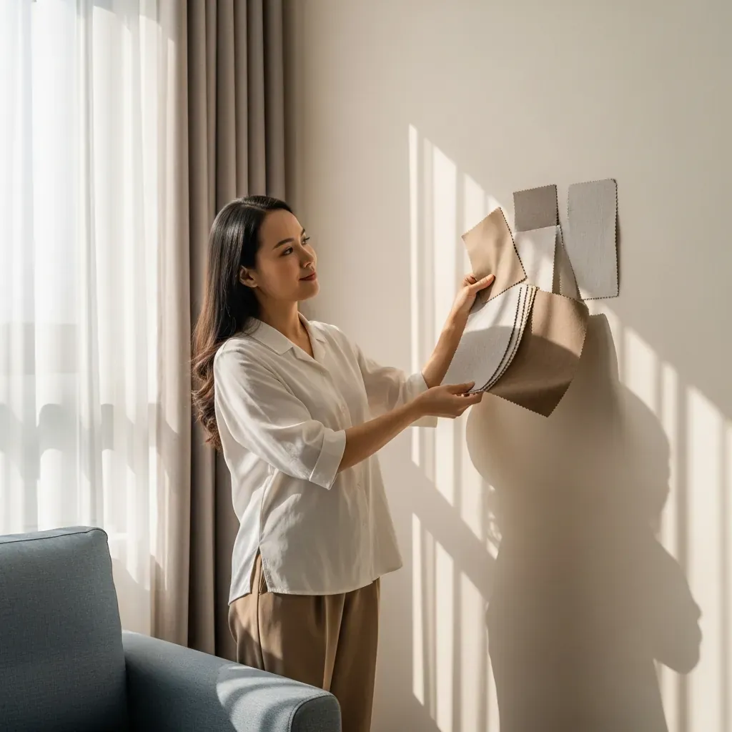Phụ nữ Việt so sánh mẫu vải rèm trước tường phòng khách dưới ánh sáng tự nhiên