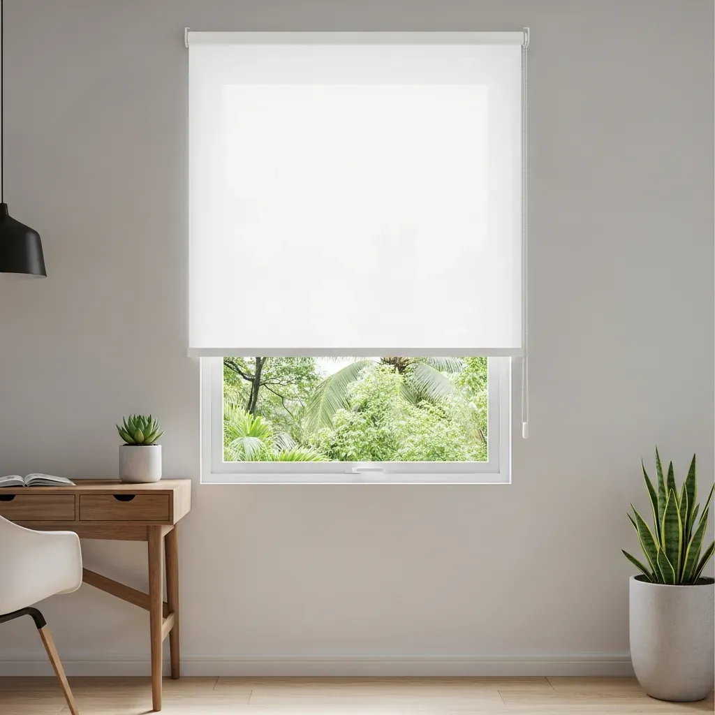 Rèm cuốn trắng hiện đại trong phòng khách tối giản, cây xanh ngoài cửa sổ
