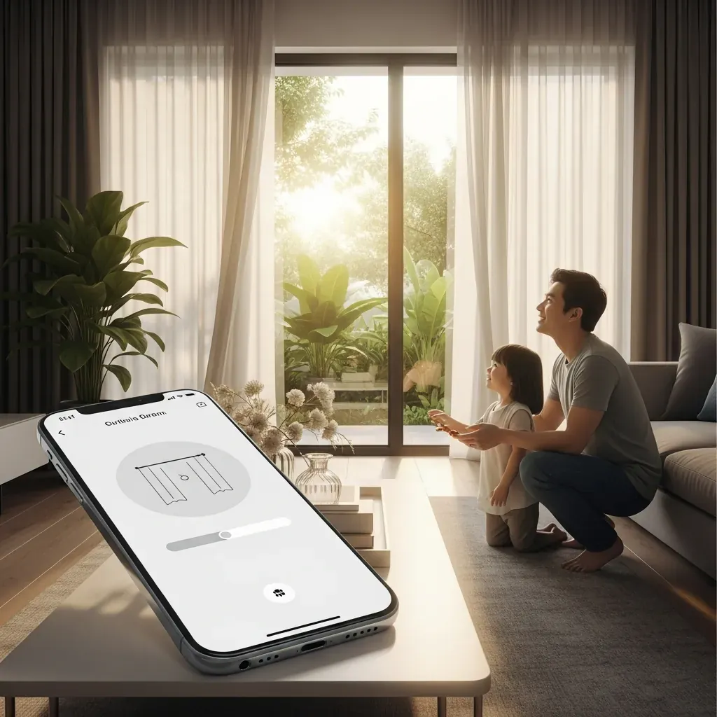 Rèm tự động mở trong phòng khách thông minh, gia đình Việt vui vẻ quan sát
