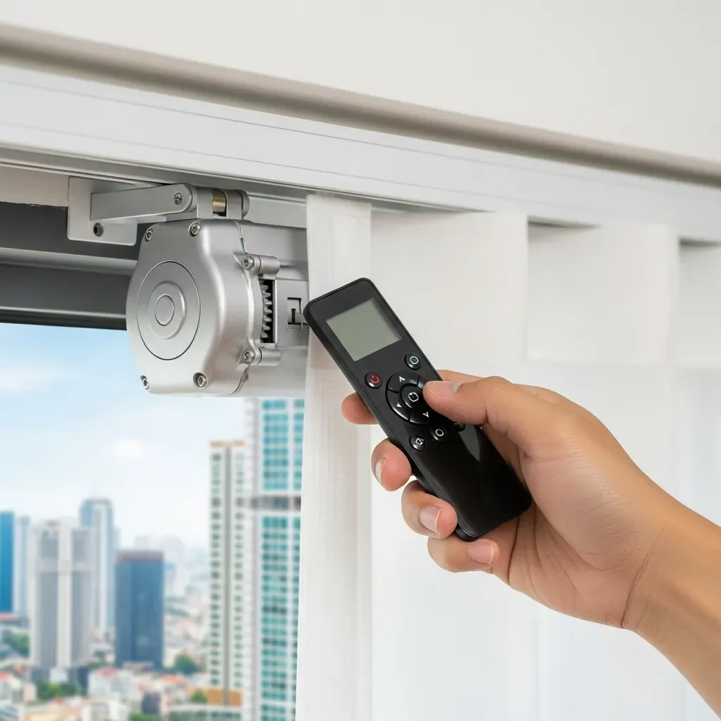 Bàn tay người Việt cầm remote điều khiển motor rèm thông minh, rèm đang tự động kéo trong căn hộ hiện đại.
