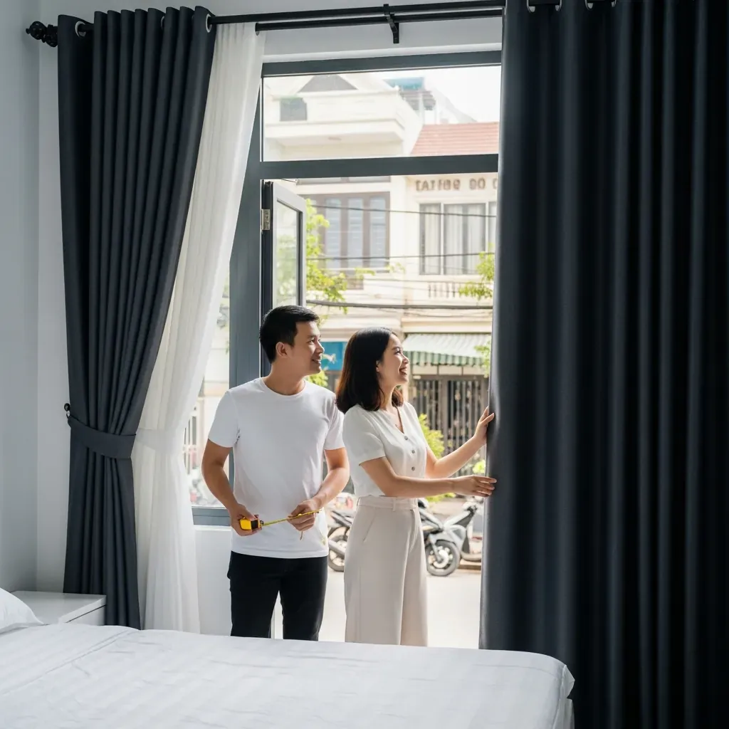 Cặp đôi Việt Nam hài lòng ngắm rèm phòng ngủ mới lắp, ánh sáng tràn ngập căn phòng ấm cúng.
