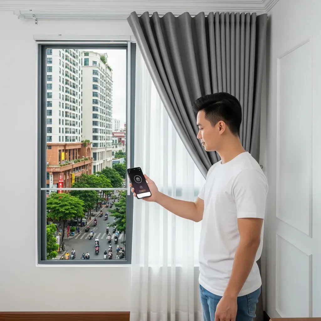 Người đàn ông Việt Nam điều khiển rèm thông minh bằng điện thoại trong căn hộ hiện đại, khung cảnh thành phố nhiệt đới bên ngoài.