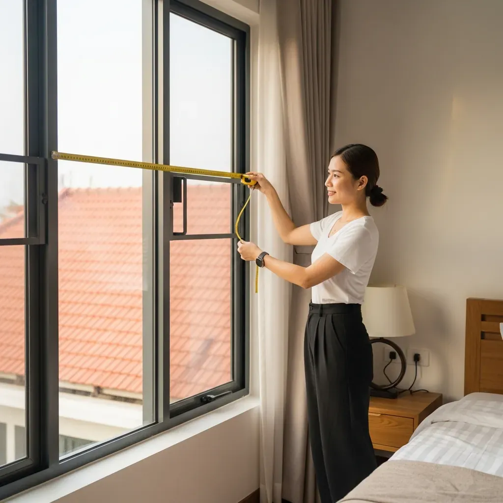 Người phụ nữ Việt Nam đang đo kích thước cửa sổ phòng ngủ bằng thước dây, ánh sáng ban mai chiếu vào căn phòng ấm cúng.