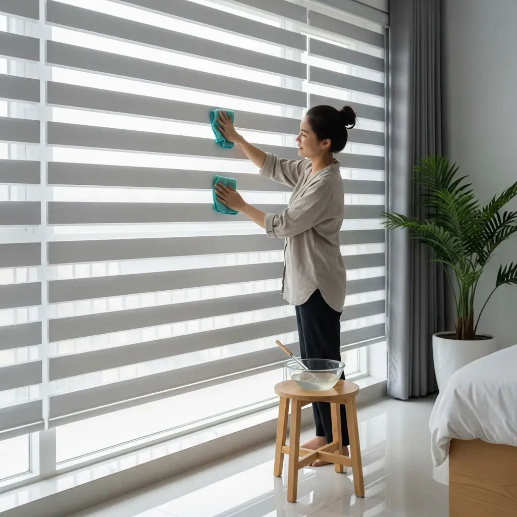 Người phụ nữ Việt Nam lau rèm cầu vồng bằng khăn microfiber trong phòng ngủ ngập ánh sáng tự nhiên.