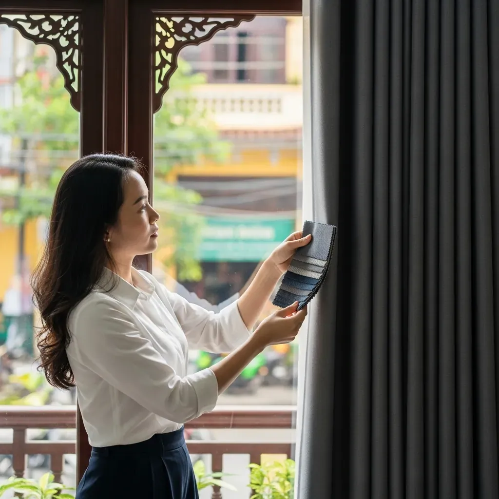 Người phụ nữ Việt Nam so sánh mẫu vải nhỏ với tấm rèm lớn đã lắp đặt để kiểm tra màu sắc và chất liệu.
