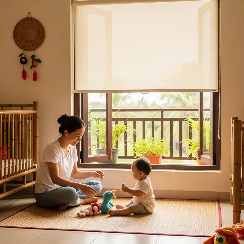 Phòng trẻ em Việt Nam với rèm cuốn không dây kéo, mẹ và bé chơi đùa an toàn bên cửa sổ.