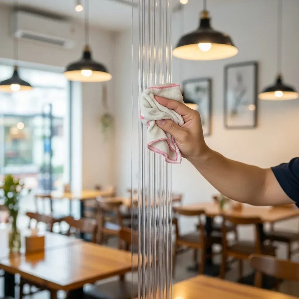Bàn tay nam giới Việt đang lau rèm nhựa PVC bằng dung dịch giấm pha loãng.