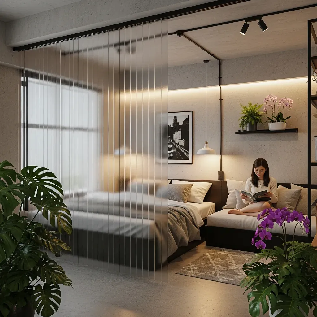 Căn hộ studio Việt với rèm PVC mờ trông sang trọng và cây xanh nhiệt đới.