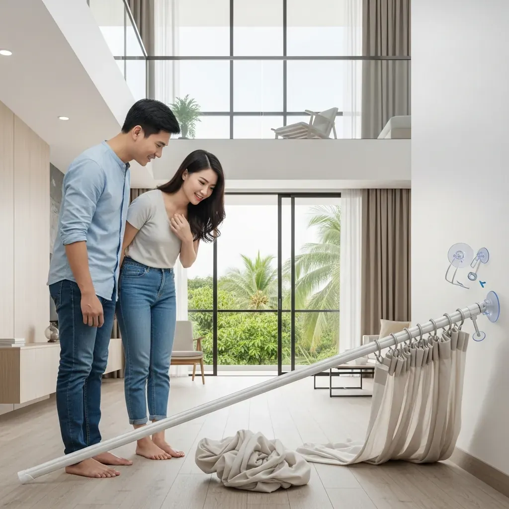 Cặp đôi người Việt đang nhìn thanh treo rèm bị rơi do lắp sai cách.