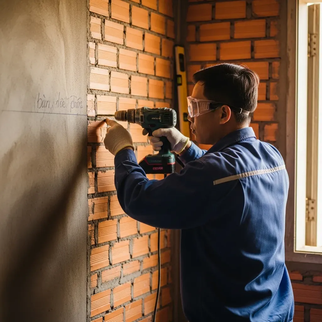 Người đàn ông Việt Nam đang khoan tường gạch để lắp giá đỡ rèm.