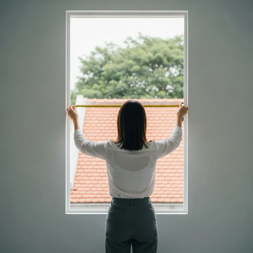 Người phụ nữ Việt Nam đang đo kích thước cửa sổ bằng thước dây trong căn hộ.