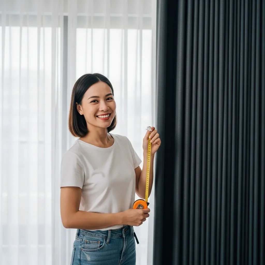 Người phụ nữ Việt vui vẻ bên tấm rèm tổ ong mới lắp, không gian thoáng mát.