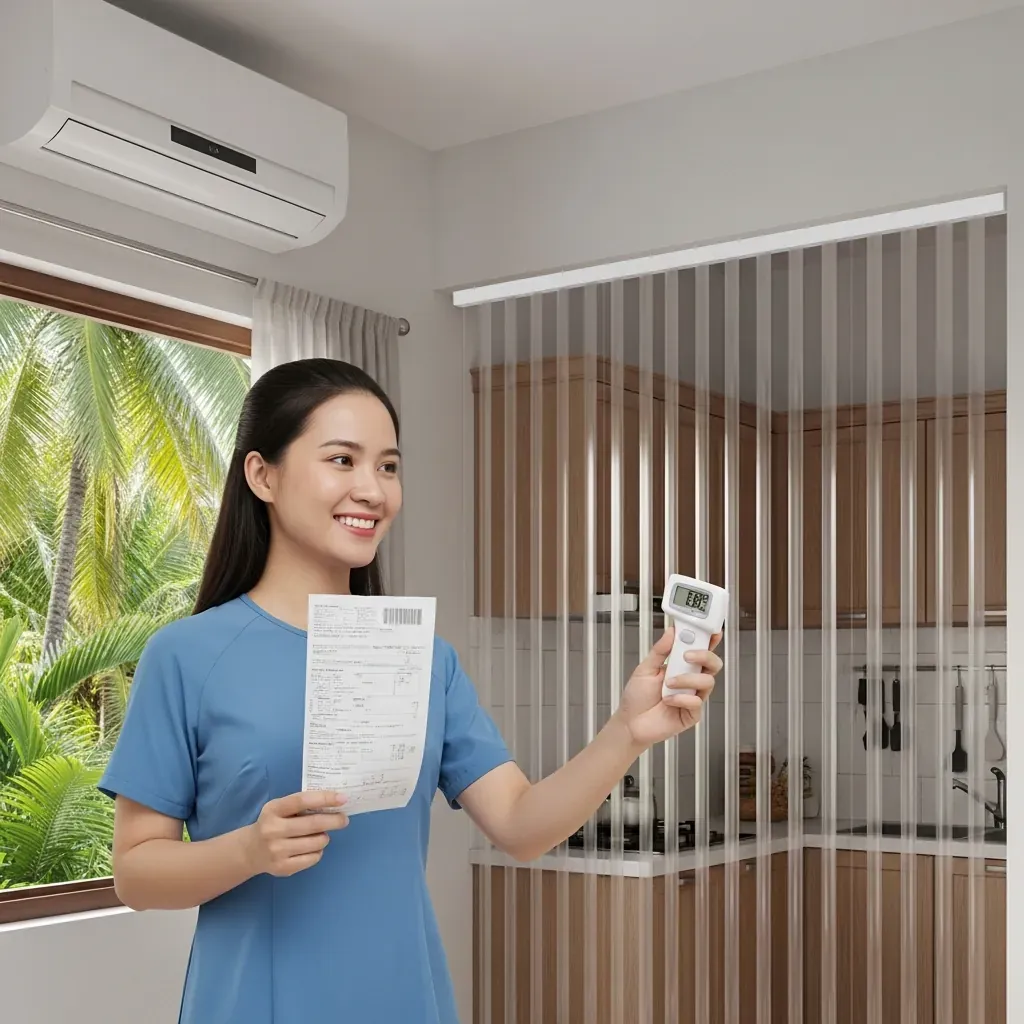 Người phụ nữ Việt vui vẻ kiểm tra nhiệt độ và hóa đơn điện sau khi lắp rèm PVC.