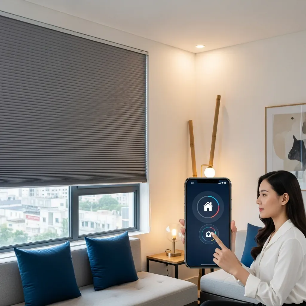Phòng khách Việt Nam hiện đại với rèm tổ ong tự động và điện thoại điều khiển.