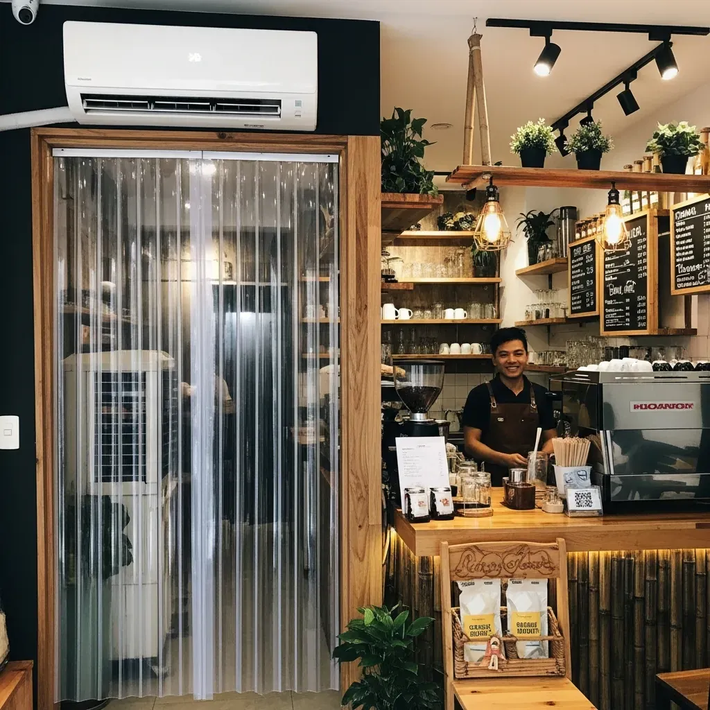 Quán cà phê Việt Nam có rèm nhựa PVC ở cửa ra vào, barista đang phục vụ.