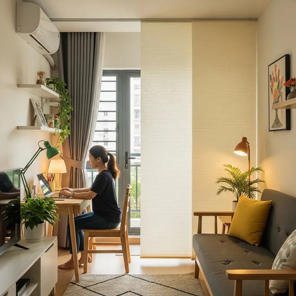 Góc làm việc trong phòng khách được ngăn bằng rèm tổ ong lọc sáng, vẫn sáng mà bớt chói.