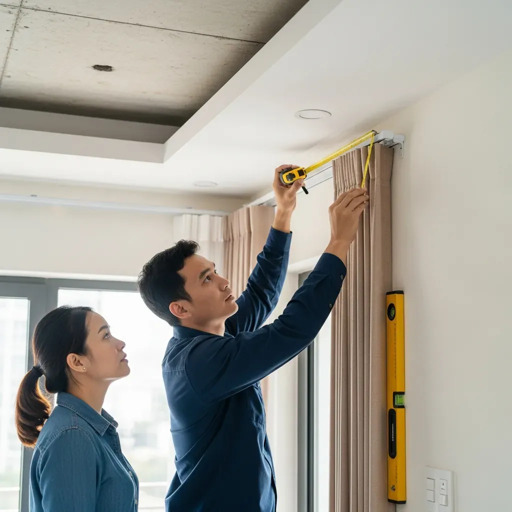 Kiểm tra hiện trạng vị trí lắp như mép trần, khe hở và đường chạy của rèm trước khi thi công.
