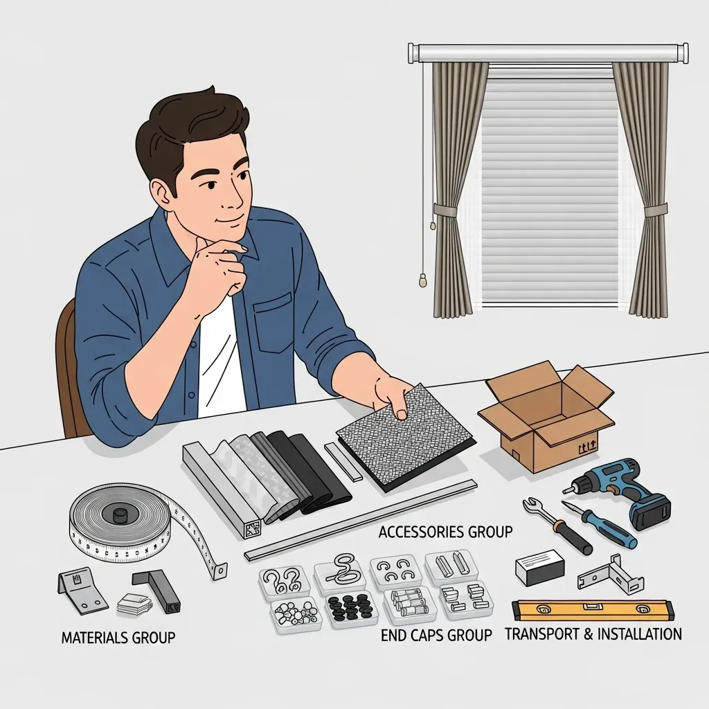 Minh họa các thành phần dễ bị tách riêng trong báo giá rèm như khung, phụ kiện và lắp đặt.
