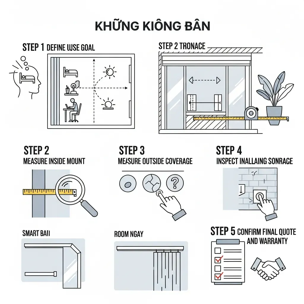 Sơ đồ 5 bước ra quyết định trước khi đặt rèm vách ngăn thông minh.