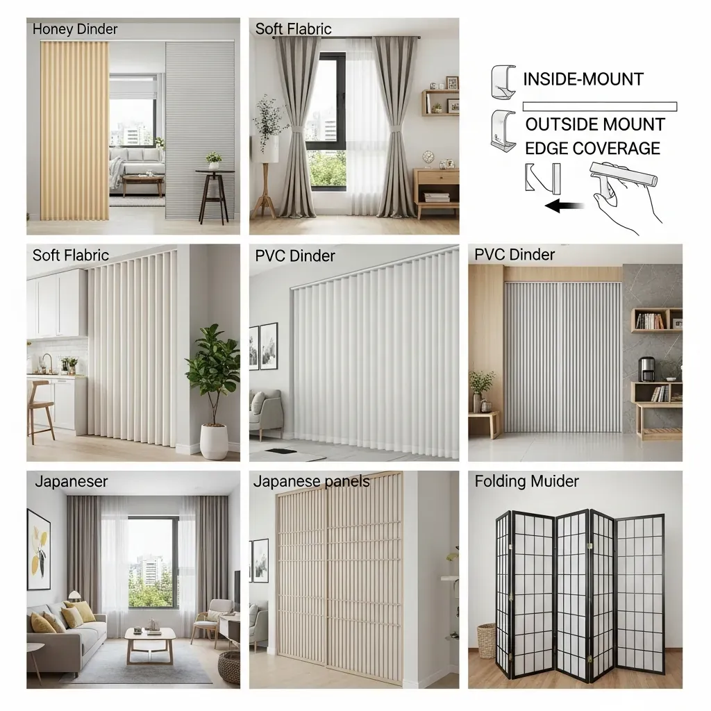 So sánh các phương án ngăn không gian như rèm tổ ong, rèm vải, panel PVC và bình phong.
