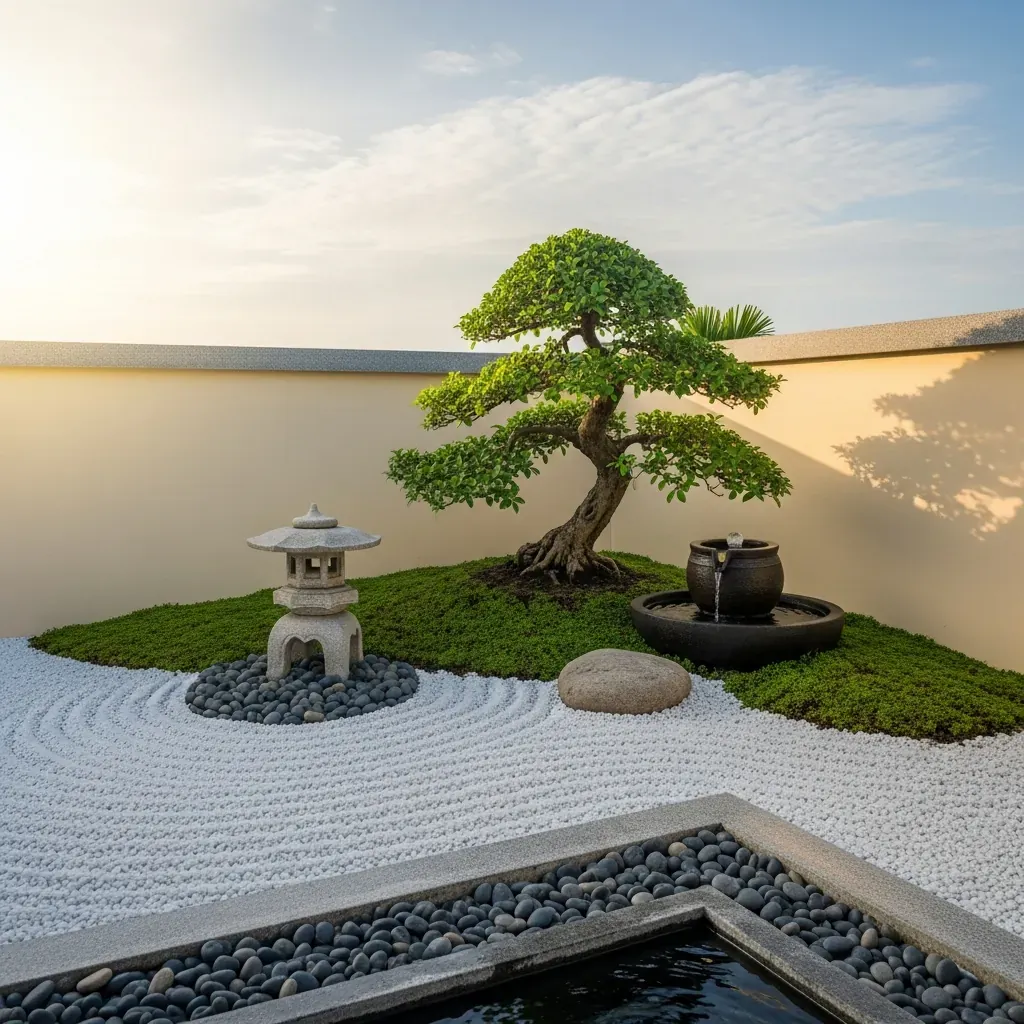 Góc sân thượng phong cách Zen Nhật Bản với sỏi trắng, đá và bonsai